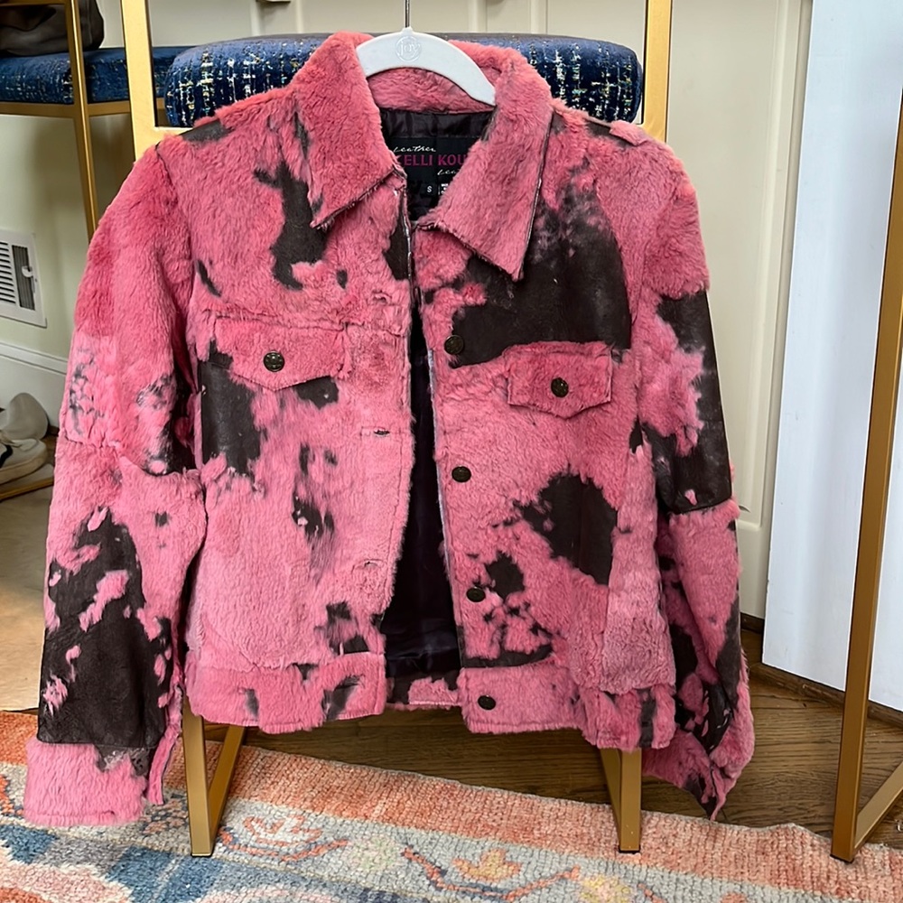 Kelli Kouri Pink Distressed Rabbit Fur and Leather Jacket